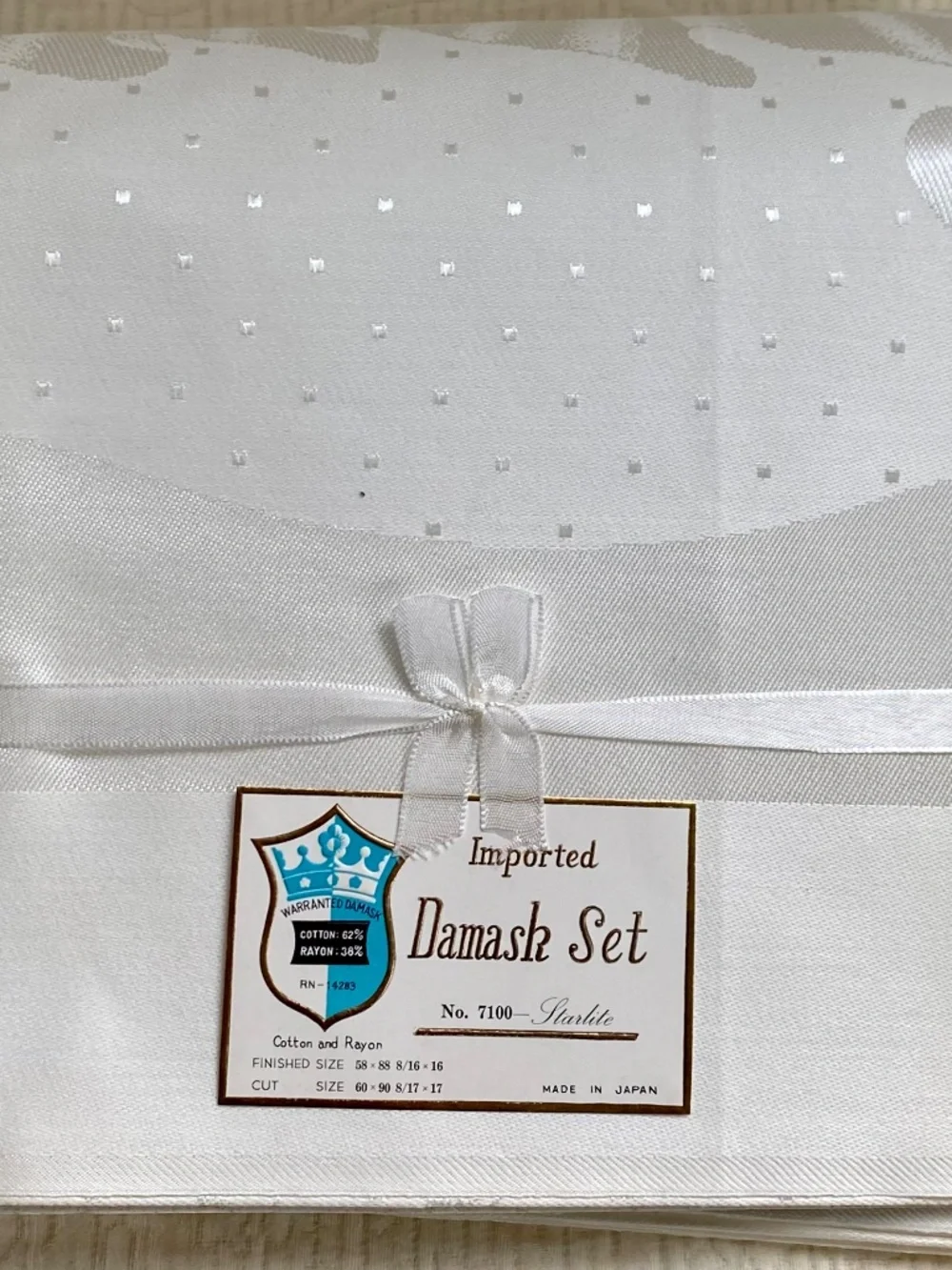 White Damask Tablecloth, Cotton and Rayon 58